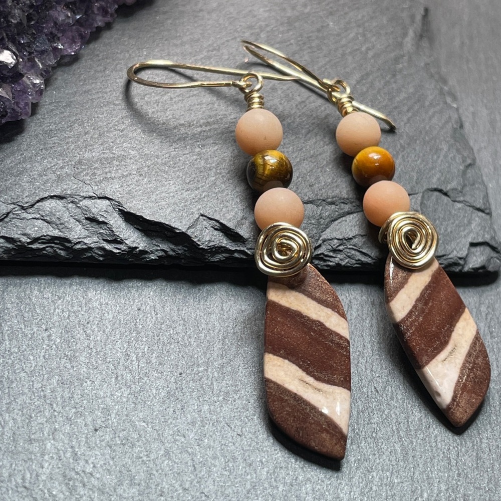 14k Gold Filled Wire Wrap
Zebra Jasper And Tiger’s Eye 
Gemstone Dangle Earrings - Picture 4 of 9